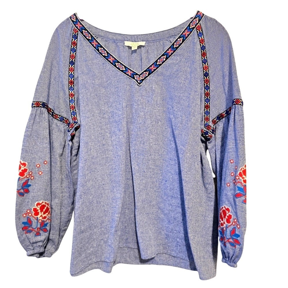 Jade Melody Tam Womens Blue Embroidered Cotton Balloon Sleeve Boho Peasant Top M